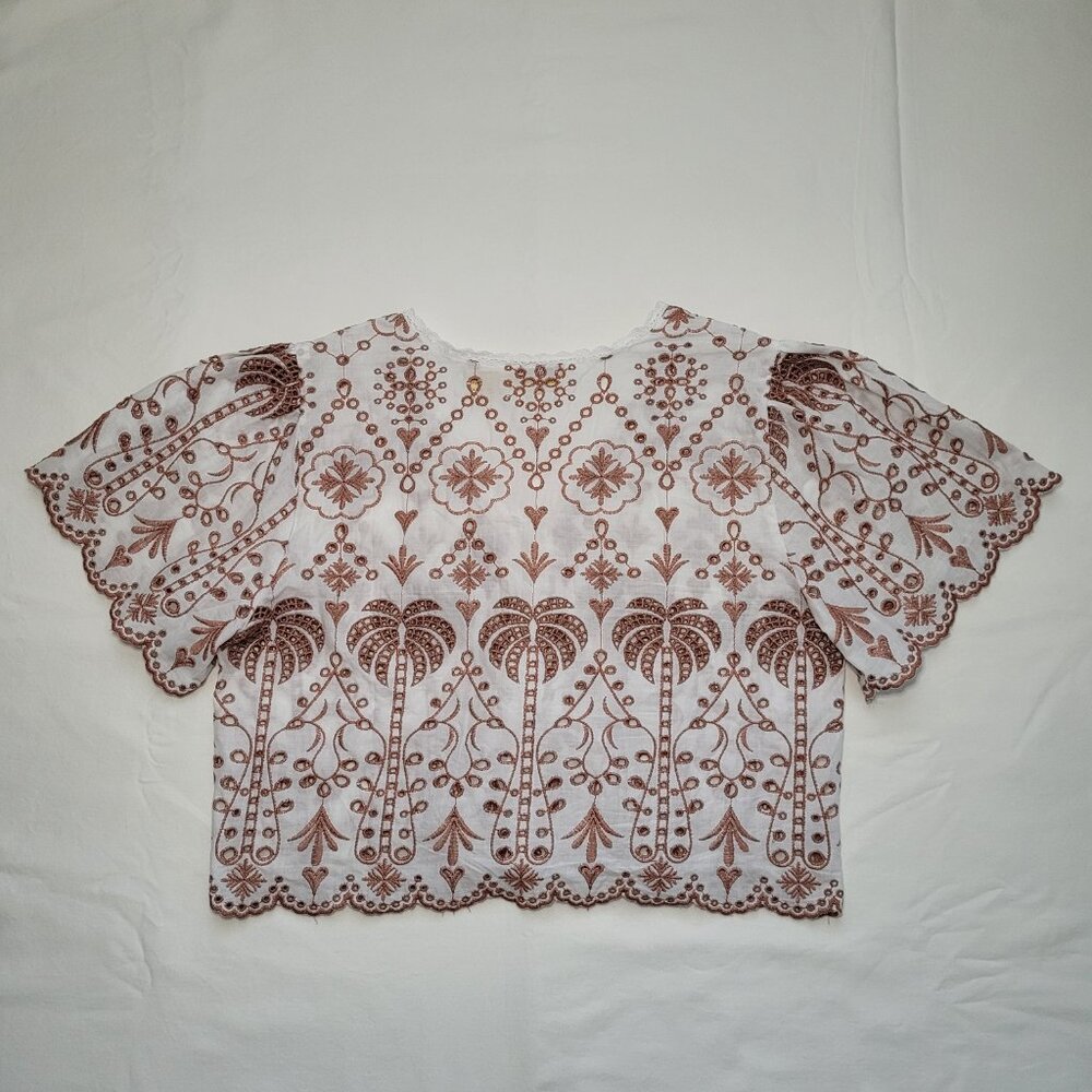Rebellion Tie Front Eyelet Palm Top Cotton White Brown Large Boho Tropical - Picture 2 of 9